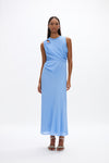 Quinn Dress: Elegant blue mid-length dress featuring cut-out detail and lightweight fabric. Perfect for cocktail events.