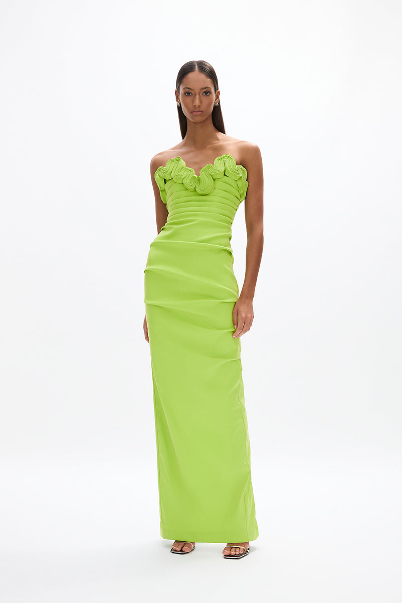 Ren Gown: chic full-length green gown featuring ruched fabric and wave detail across décolletage. Perfect for evening events.  