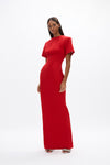 Dover Gown: elegant red evening gown featuring short sleeves, fitted waist and floor grazing skirt. 