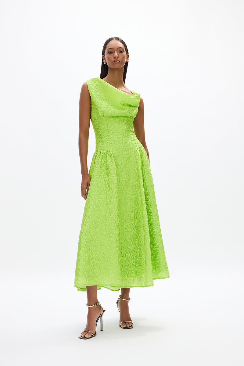 Elley Dress: elegant lime green mid-length dress with off-the-shoulder detail and a fitted waist, ideal for day events. 