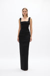 Onyx Gown: elegant black full-length gown with fitted bodice and hand-embellished detail, perfect for formal events. 