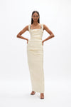 Onyx Gown: elegant cream full-length gown with fitted bodice and hand-embellished detail, perfect for wedding events. 