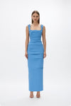 Onyx Gown: elegant blue full-length gown with fitted bodice and hand-embellished detail, perfect for formal events. 