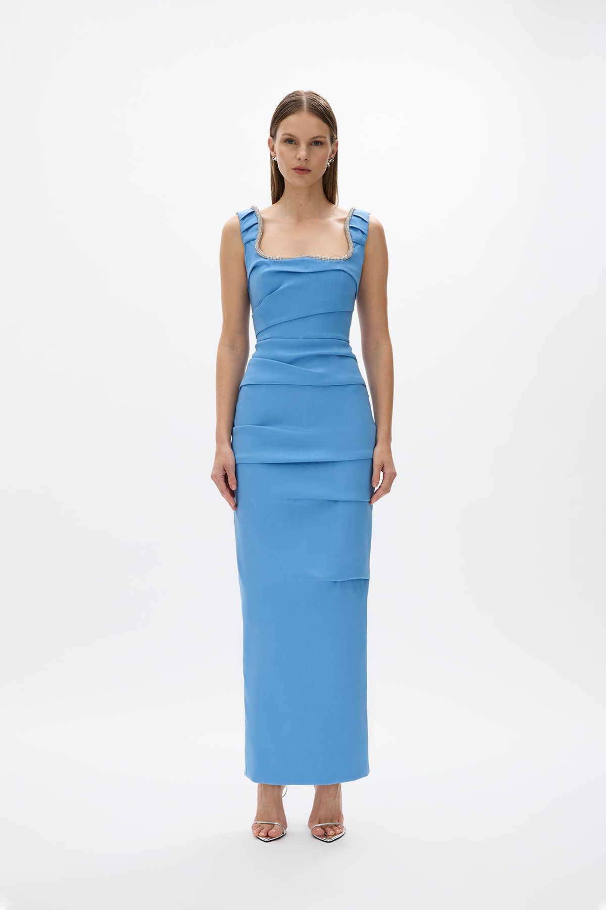 Onyx Gown: elegant blue full-length gown with fitted bodice and hand-embellished detail, perfect for formal events. 