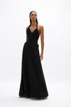 Soren Gown: halter style black gown featuring twist neck detail, fitted waist and relaxed skirt, perfect for day time events.