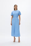 Orion Dress: Elegant blue mid-length dress with short sleeve and flowing skirt, perfect for day to night wear.