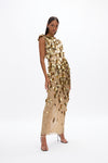 Hugo Gown: luxurious full-length gold gown featuring hand-embellished gold leaf detail and column shape skirt. 