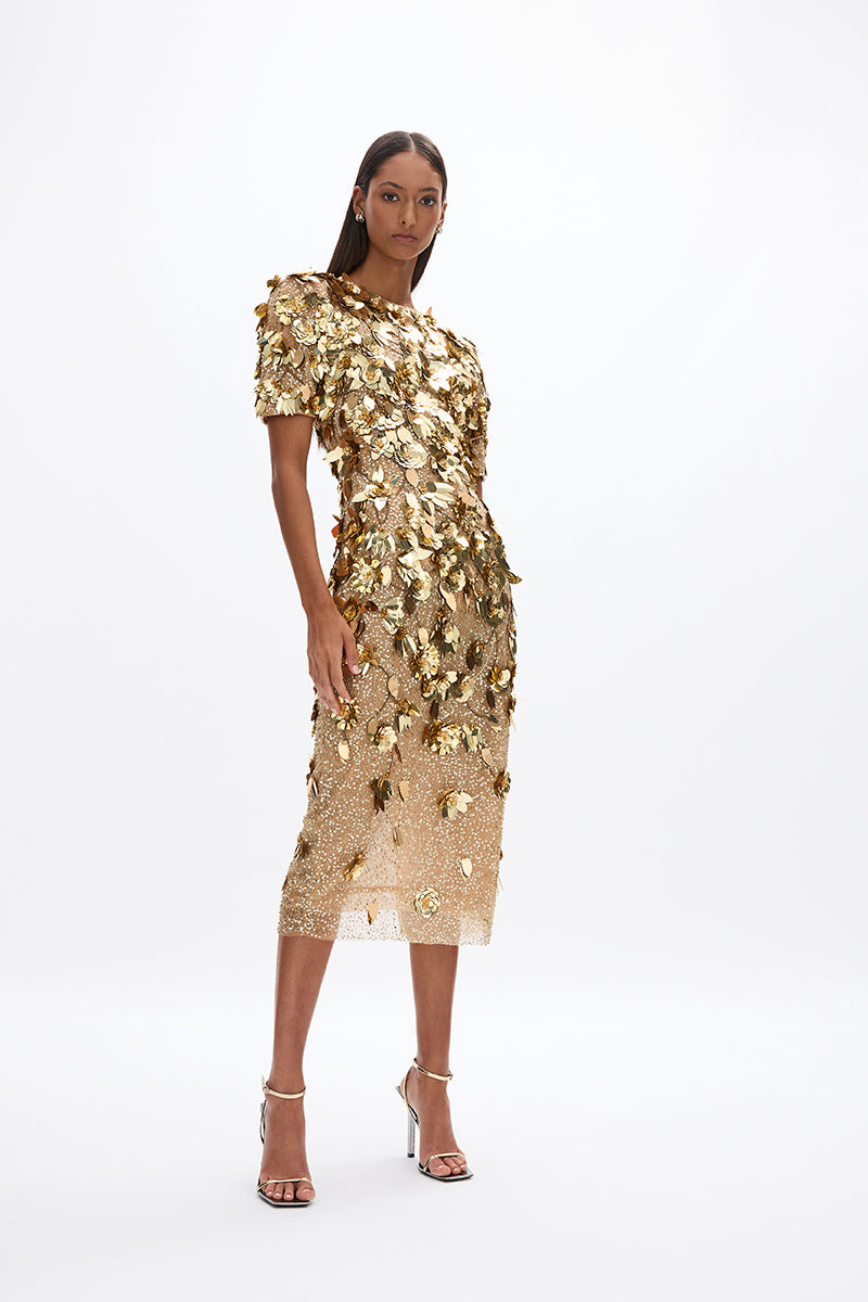 Hugo Dress: luxurious mid-length gold dress featuring hand-embellished gold leaf detail and short sleeves. 