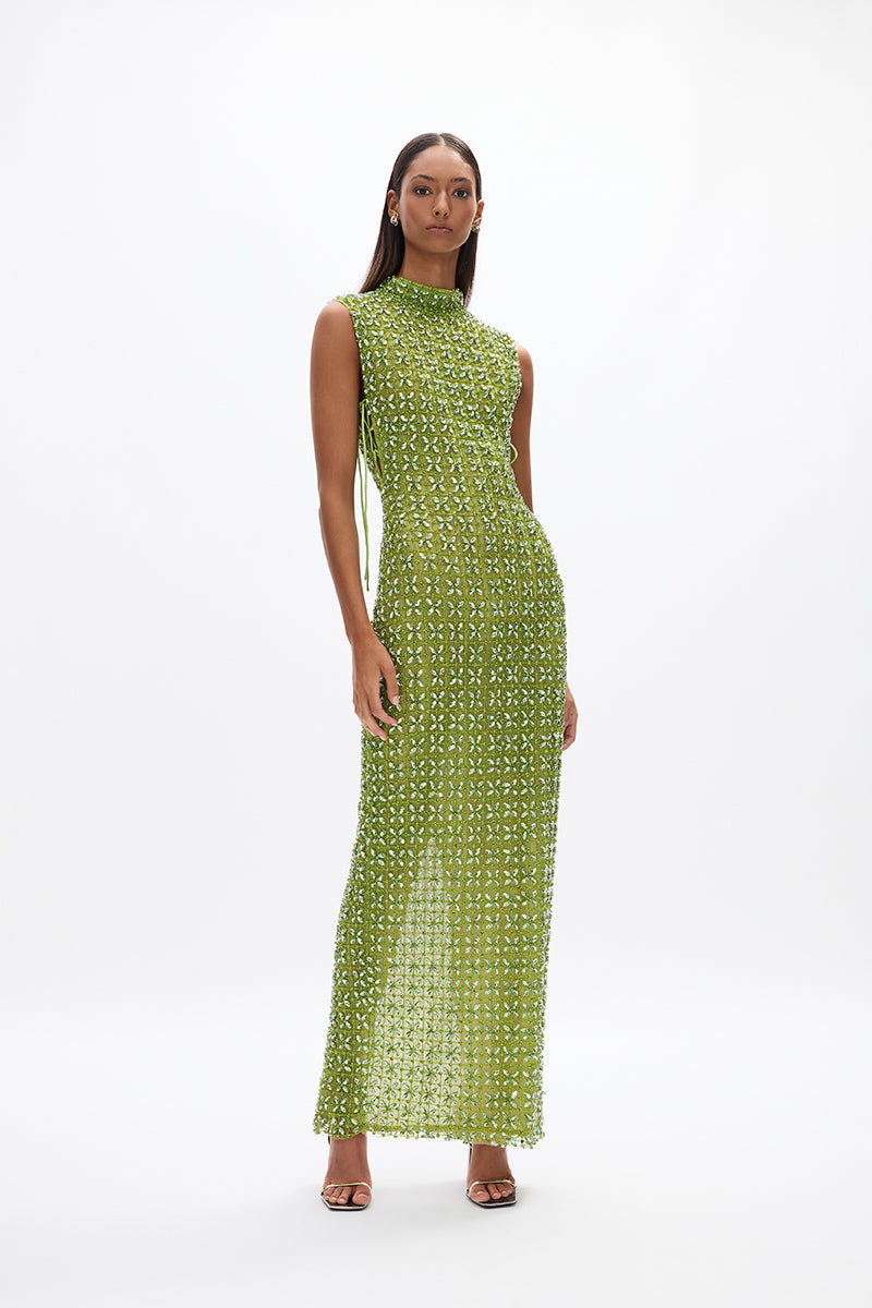 Indi Gown: luxurious lime green full-length gown with hand-embellished detail, perfect for formal events. 