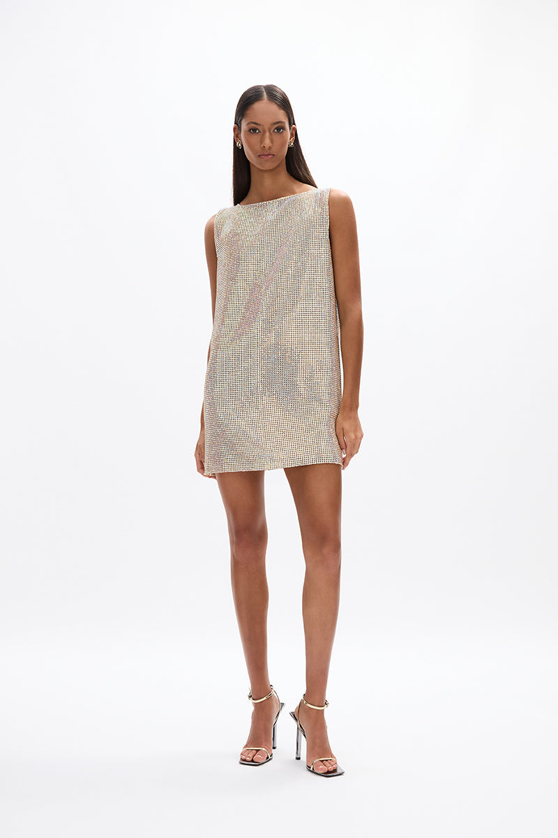 Thora Mini: gold glow mesh style shift mini dress with boat style neckline, perfect for day to night events. 