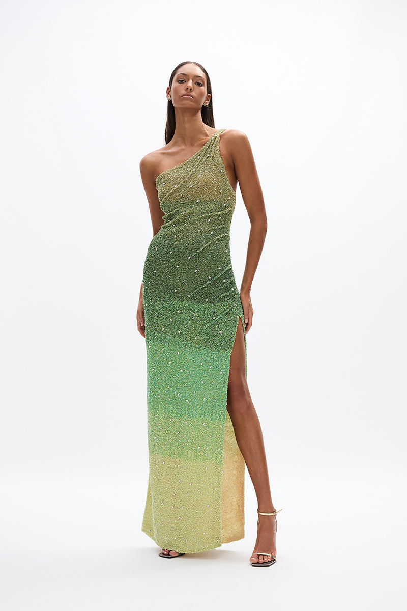 Kaito Gown: elegant green formal gown with one-shoulder design, high side split, and hand-placed embellishments. 