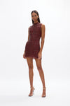 Indi Mini: luxurious wine red mini-length dress with hand-embellished detail, perfect for formal events. 