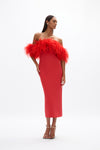 Link Dress: elegant red mid-length dress featuring feather detail and back split, perfect for cocktail events.