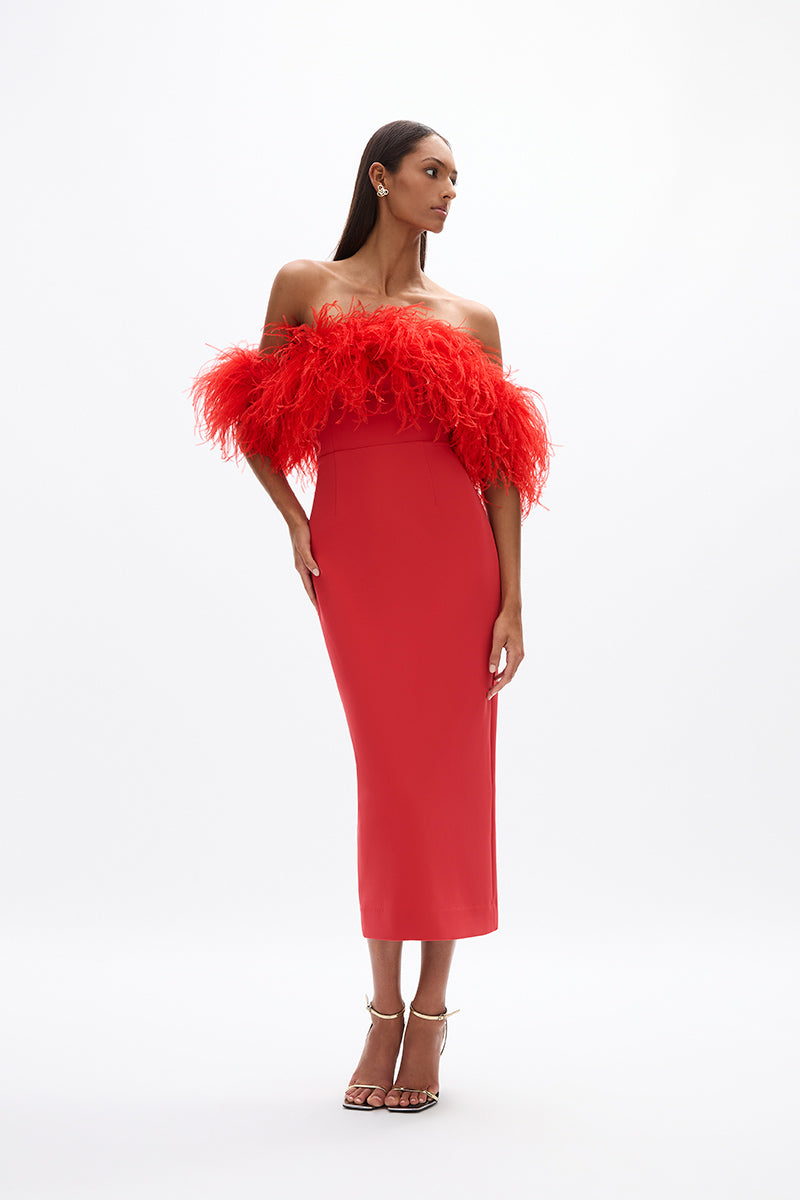 Link Dress: elegant red mid-length dress featuring feather detail and back split, perfect for cocktail events.