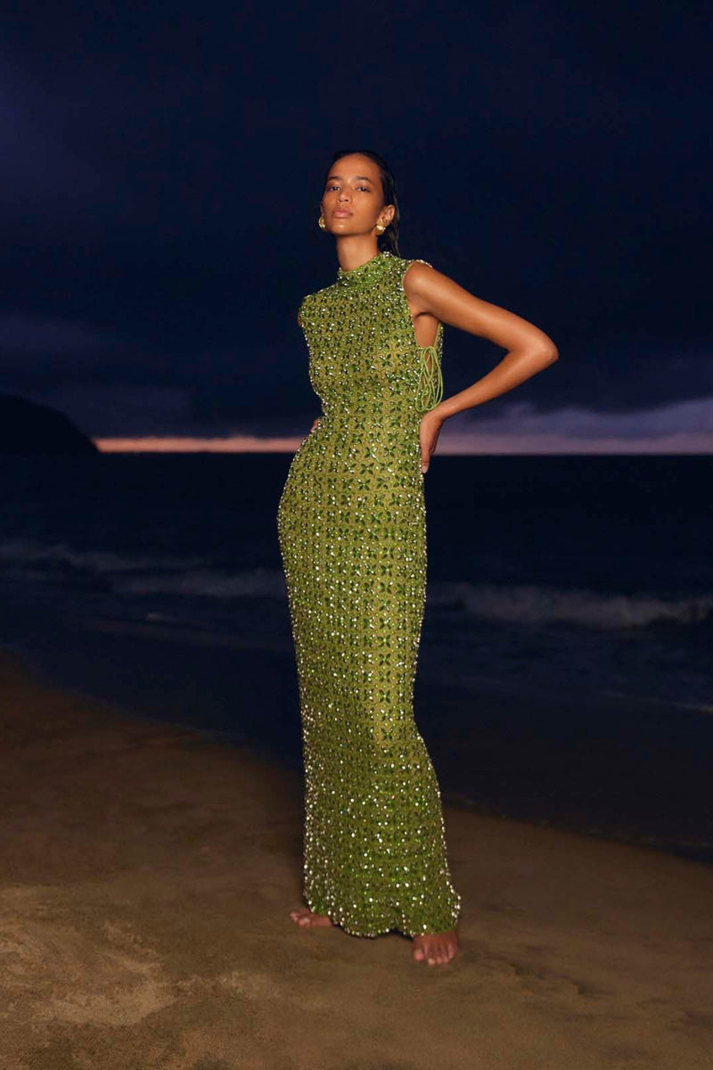 Indi Gown: luxurious lime green full-length gown with hand-embellished detail, perfect for formal events. 