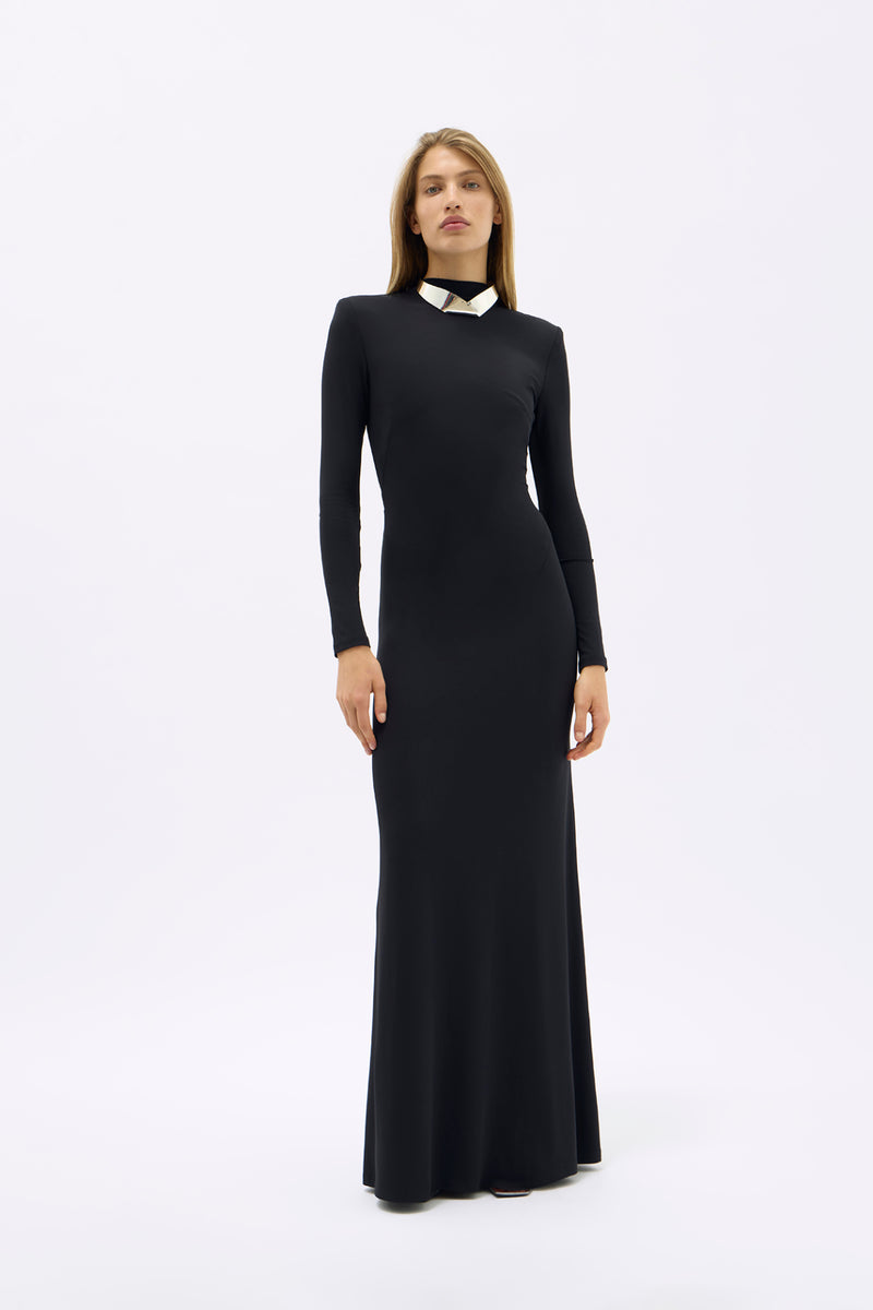 Full length front image of model wearing the Rachel Gilbert Clove Gown in black