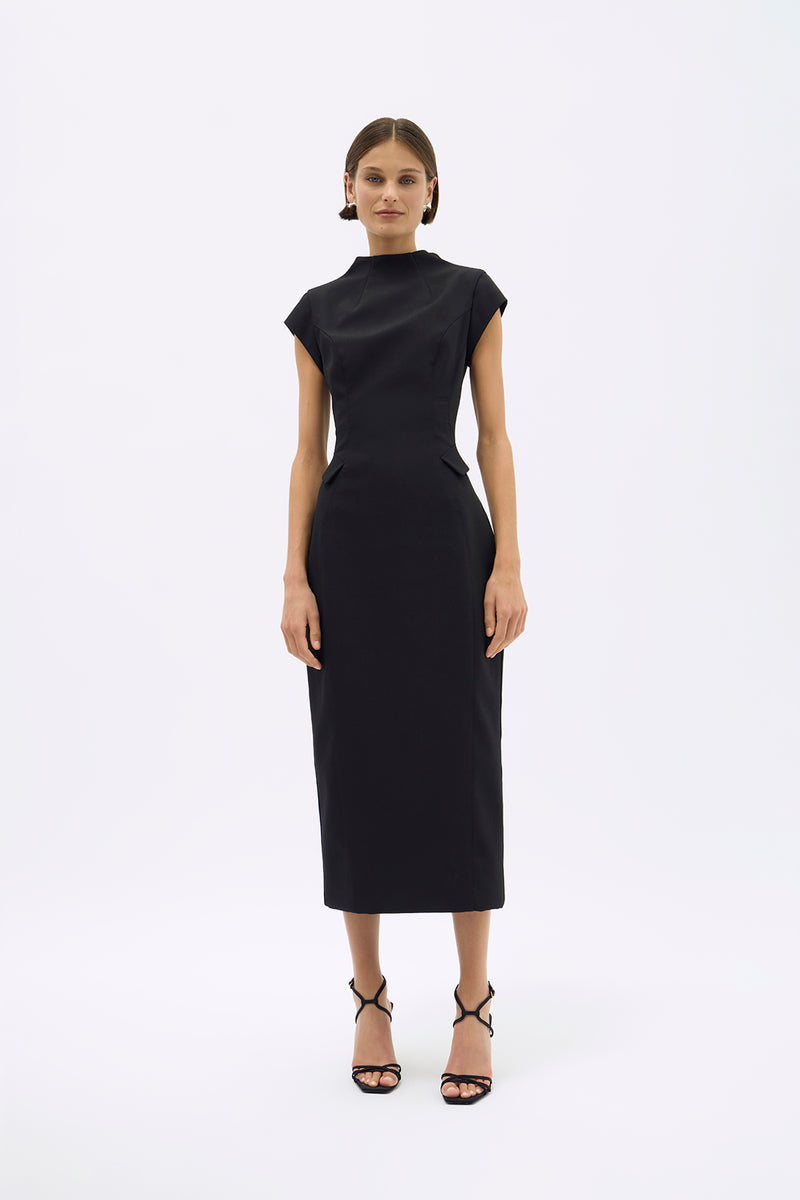 Full length front image of model wearing the Rachel Gilbert Mya Dress in Black