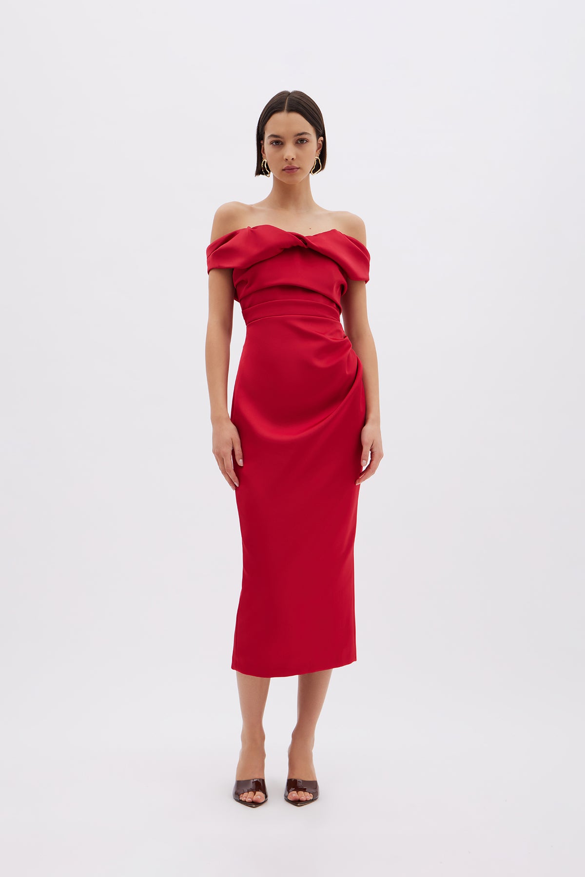 Daria Dress: Chic red mid-length cocktail dress featuring off-the-shoulder detail, perfect for any cocktail event. 