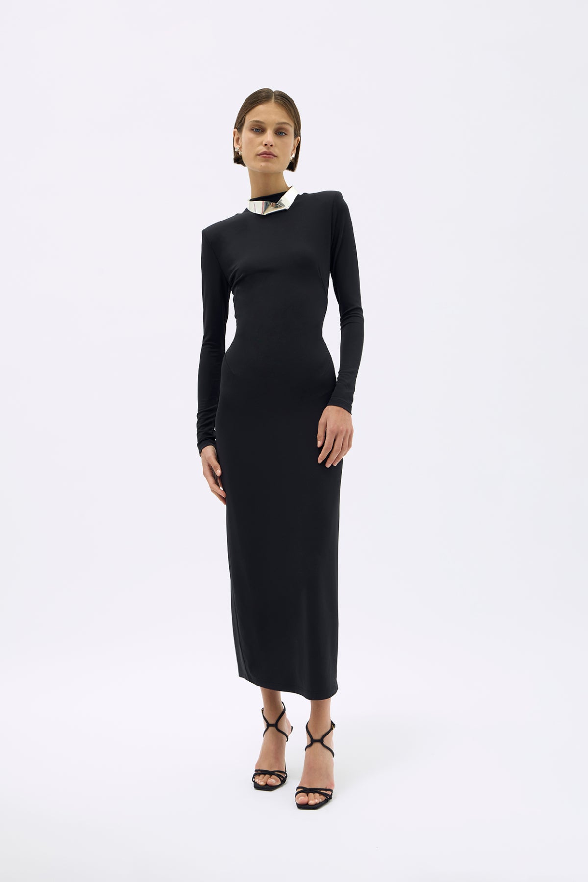 Full length front image of model wearing the Rachel Gilbert Clove Dress in black